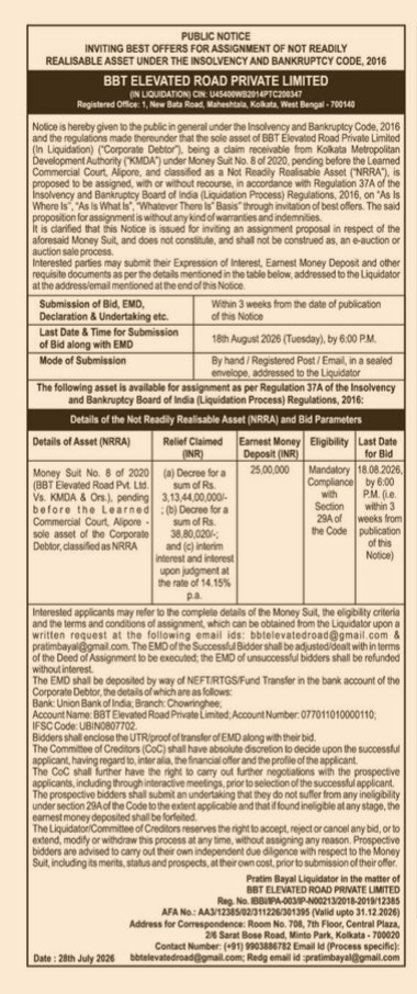 Public Notice: Invitation for Assignment of Asset (BBT Elevated Road Private Limited)