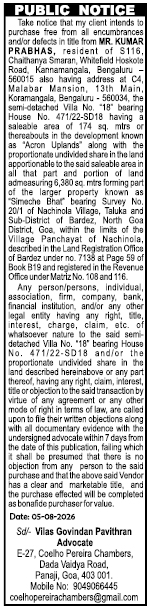 Public Notice: Invitation for Claims or Objections Regarding Property Purchase in Goa