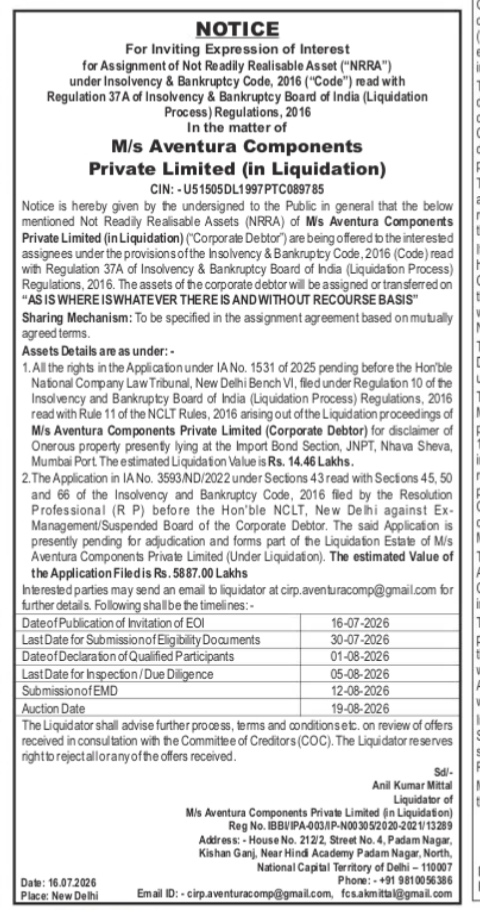 Public Notice: Invitation for Expression of Interest (EOI) for Assignment of Not Readily Realisable Asset (NRRA) of M/s Aventura Components Private Limited (in Liquidation)
