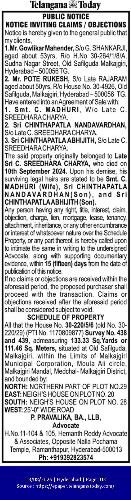Public Notice: Invitation of Claims and Objections for Property Sale in Old Safilguda, Hyderabad