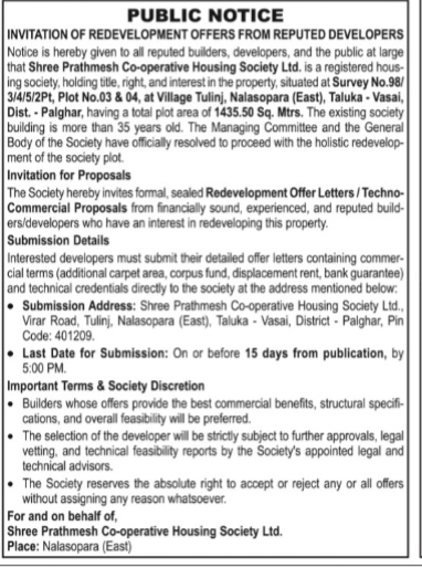 Public Notice: Invitation of Redevelopment Offers