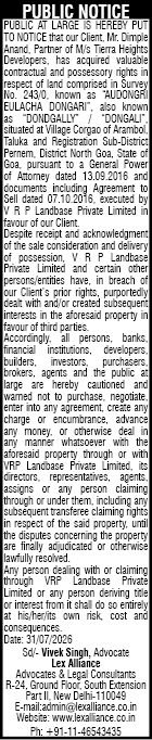 Public Notice Issued by Lex Alliance on Behalf of Mr. Dimple Anand Regarding Disputed Property Rights in Corgao, Goa
