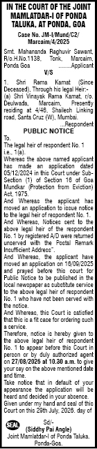 Public Notice issued by the Court of the Joint Mamlatdar-I of Ponda Taluka, Goa