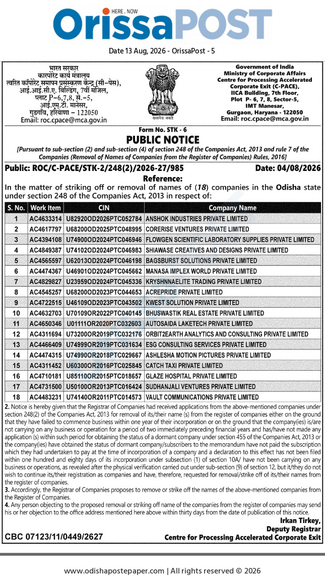 Public Notice issued by the Ministry of Corporate Affairs (Government of India)