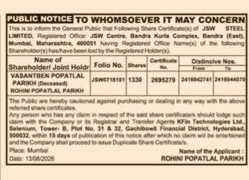Public Notice: JSW Steel Lost Share Certificates