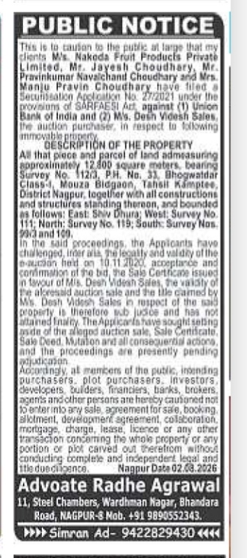 Public Notice: Legal Caution Regarding Disputed Property in Nagpur
