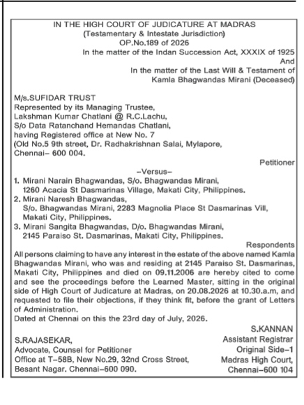 Public Notice: Legal Citation for Letters of Administration in the Madras High Court (OP No. 189 of 2026)