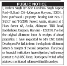 Public Notice: Loss of Allotment Letters and Receipts for Project Azalia Units