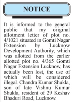 Public Notice: Loss of Original Allotment Letter for Plot No. 4/1021, Gomti Nagar Extension, Lucknow