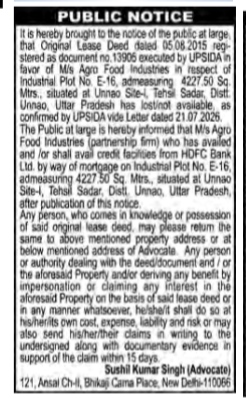 Public Notice: Loss of Original Lease Deed and Mortgage Notification