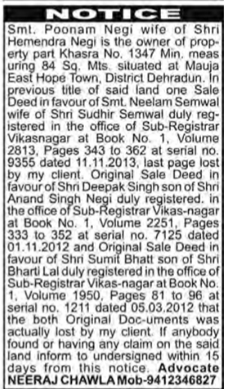 Public Notice: Loss of Original Property Sale Deeds