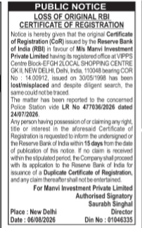 Public Notice: Loss of Original RBI Certificate of Registration