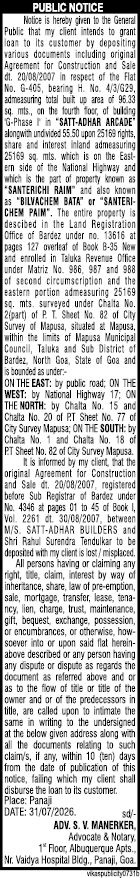 Public Notice: Loss of Original Sale Agreement and Intention to Grant Loan on Flat No. G-405, Satt-Adhar Arcade, Mapusa, Goa