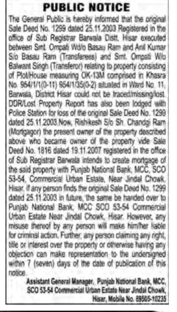 Public Notice: Loss of Original Sale Deed and Intention to Mortgage Property