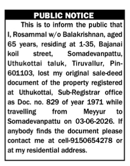 PUBLIC NOTICE: Loss of Original Sale-Deed Document (Doc. No. 829 of 1971)