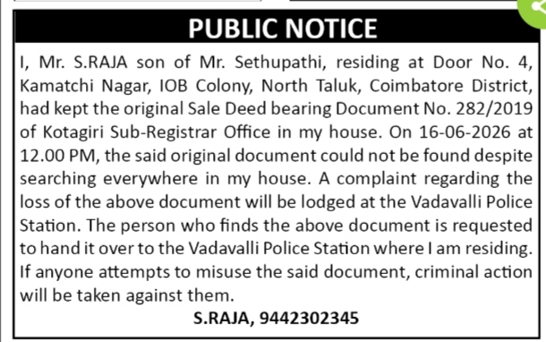 Public Notice: Loss of Original Sale Deed (Document No. 282/2019)