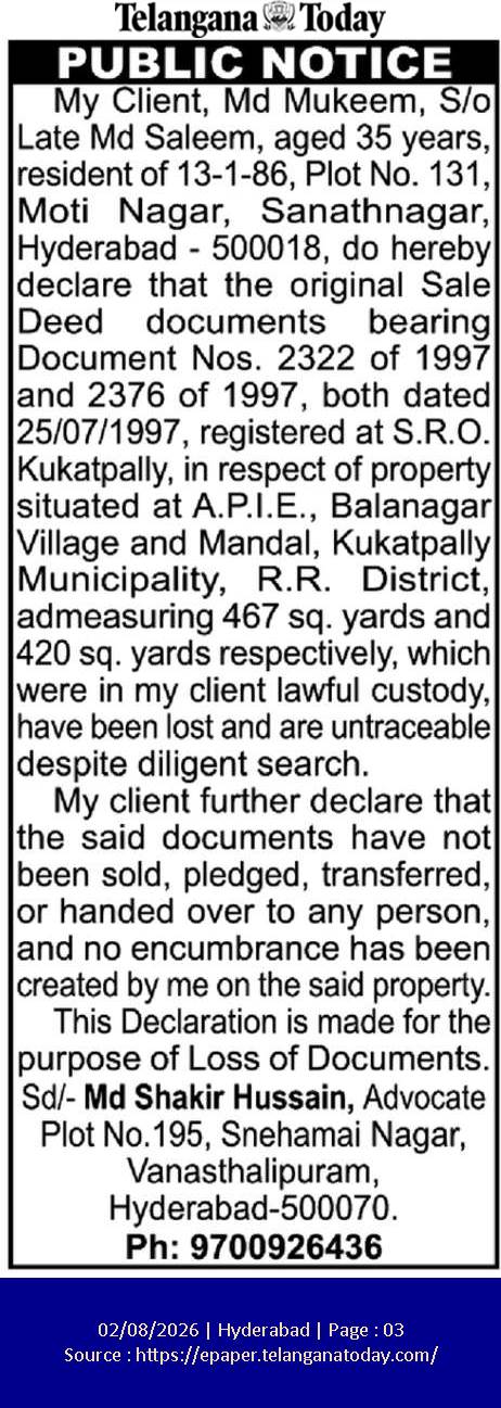 Public Notice: Loss of Original Sale Deed Documents (Md Mukeem