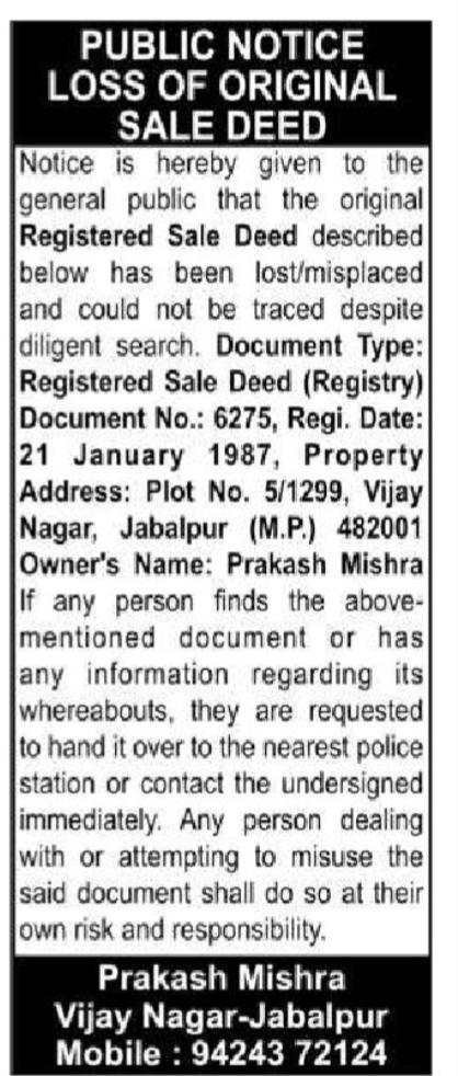Public Notice: Loss of Original Sale Deed