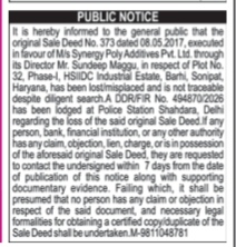 Public Notice: Loss of Original Sale Deed