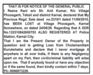 PUBLIC NOTICE: LOSS OF ORIGINAL SALE DEED