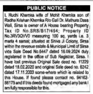 Public Notice: Loss of Original Sale Deeds