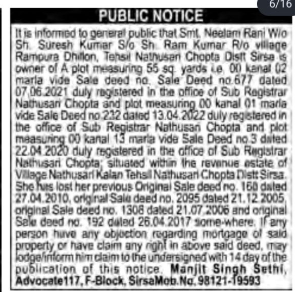 PUBLIC NOTICE: LOSS OF ORIGINAL TITLE DEEDS AND CLAIIMS / OBJECTION NOTICE