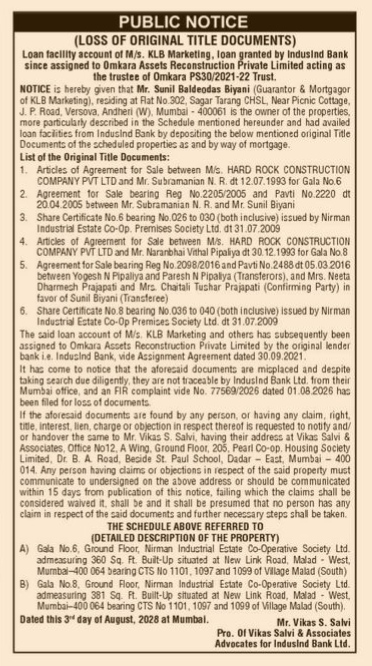 Public Notice: Loss of Original Title Documents