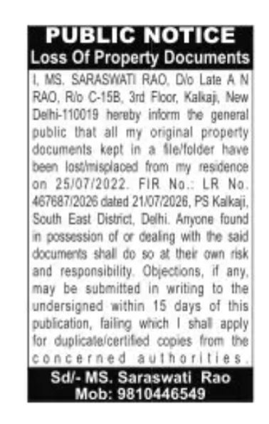 PUBLIC NOTICE: Loss Of Property Documents