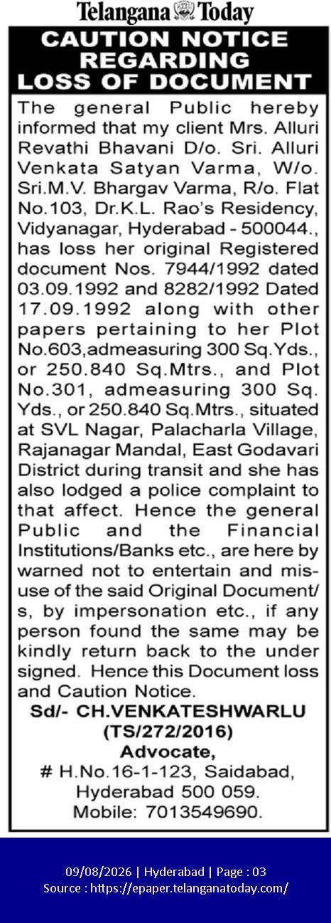 Public Notice: Loss of Registered Property Document Nos. 7944/1992 and 8282/1992