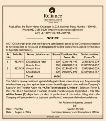Public Notice: Loss of Reliance Industries Share Certificates