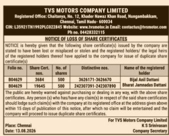 Public Notice: Loss of Share Certificates by TVS Motor Company Limited
