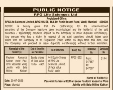 Public Notice: Loss of Share Certificates - RPG Life Sciences Ltd
