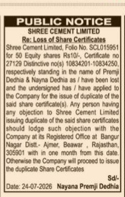Public Notice: Loss of Share Certificates - Shree Cement Limited.