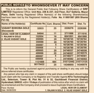 Public Notice: Loss of SRF Limited Share Certificates