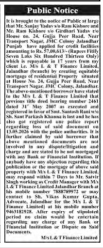Public Notice: Loss of Title Deed and Mortgage Intimation