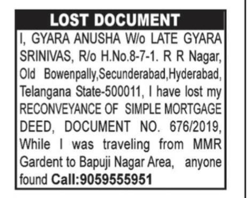 Public Notice: Lost Mortgage Deed Document