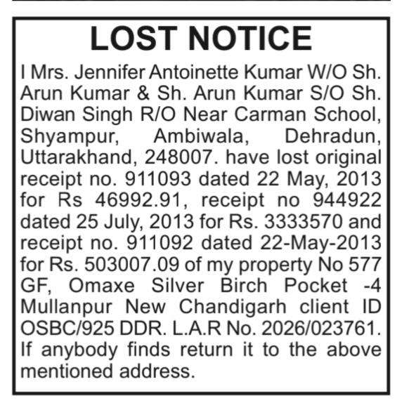 Public Notice: Lost Omaxe Silver Birch Receipts