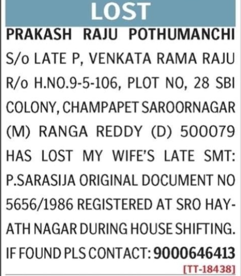 PUBLIC NOTICE - LOST ORIGINAL DOCUMENT