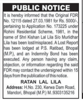 Public Notice: Lost Original Fixed Deposit Receipt (FDR)