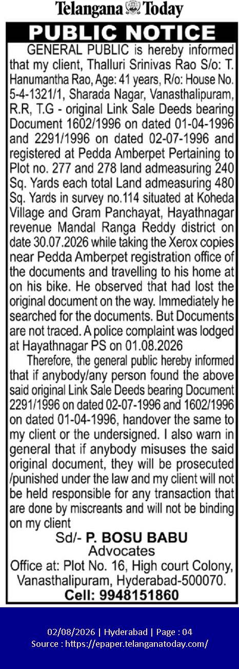 Public Notice: Lost Original Link Sale Deeds (Document Nos. 1602/1996 & 2291/1996)