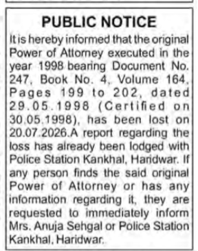 Public Notice: Lost Original Power of Attorney (1998)
