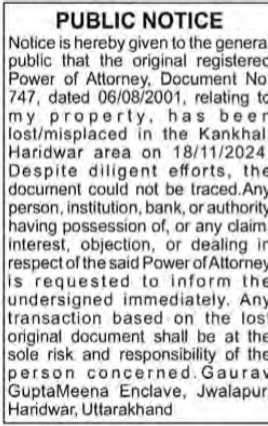 PUBLIC NOTICE: Lost Original Power of Attorney (Document No. 747