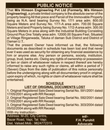 Public Notice: Lost Original Property Sale Deeds for M/s Himson Engineering Pvt Ltd