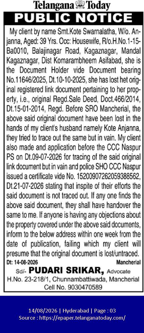 Public Notice: Lost Original Registered Sale Deed (Document No. 466/2014)