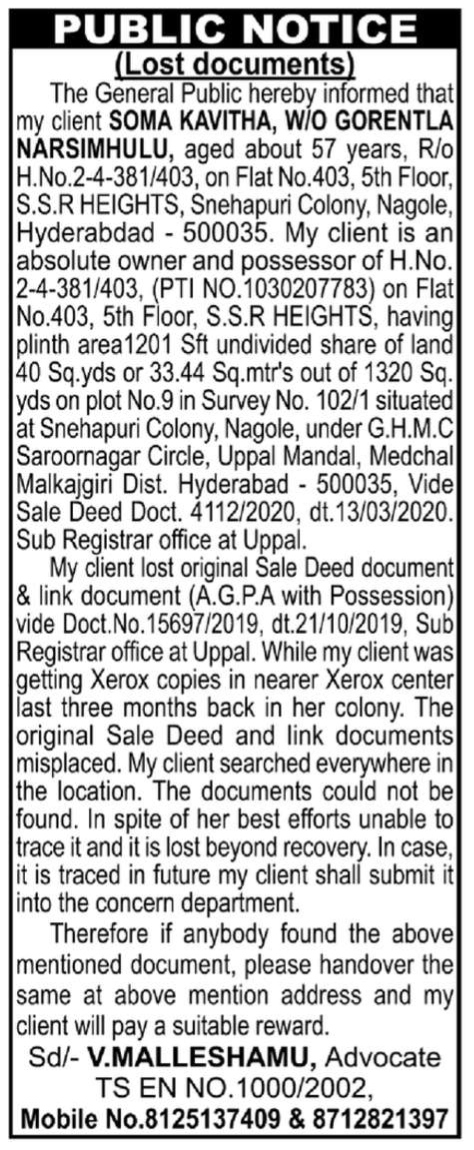 Public Notice: Lost Original Sale Deed and Link Document