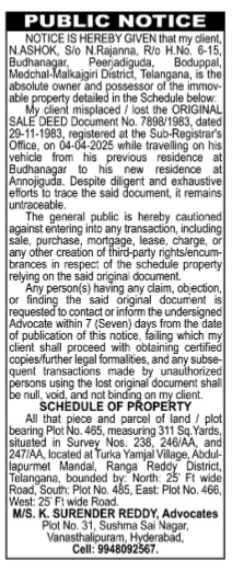 Public Notice: Lost Original Sale Deed for Plot No. 465, Turka Yamjal