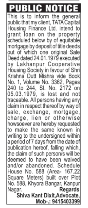 Public Notice: Lost Original Sale Deed of Property in Kanpur