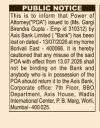 Public Notice: Lost Power of Attorney (POA) – Axis Bank