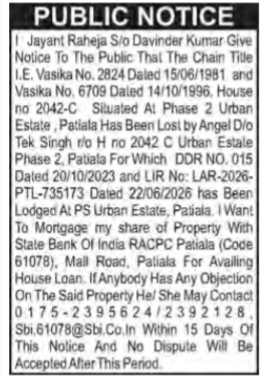 Public Notice: Lost Property Chain Deeds & Mortgage Intent