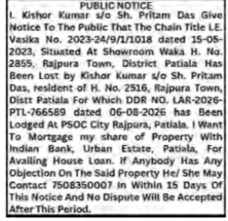 Public Notice: Lost Property Chain Title Deed & Intention to Mortgage